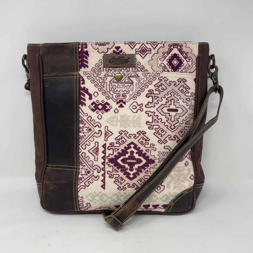 Sixtease Amethyst‎ Up Cycled Canvas Shoulder Bag Purple Western Brown Leather
